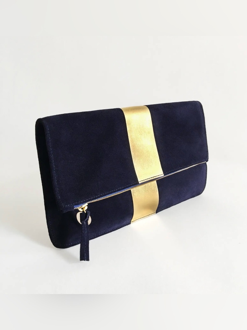 LIKE NEW Clare V. x Vogue Navy & Gold Suede Fold-over Clutch - Picture 2 of 8